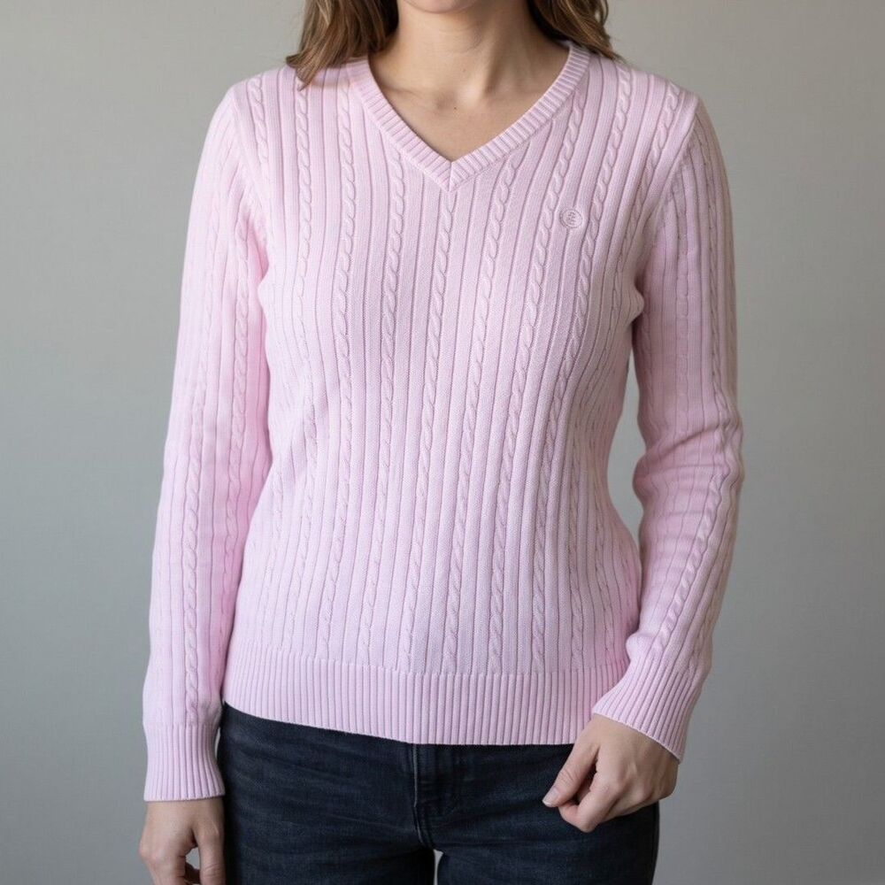 IZOD Pastel Baby Pink 100% Cotton Cable Knit V-Neck Pullover Sweater Size L
